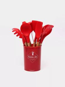 SET 12 USTENSILE DE BUCATARIE CU MINER DIN LEMN DE CULOARE ROSU / НАБОР ИЗ 12 КУХОННЫХ ПРИНАДЛЕЖНОСТЕЙ С ДЕРЕВЯННЫМИ РУЧКАМИ КРАСНЫЙ ЦВЕТ