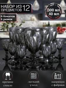 SET DE PAHARE SI RUMINI DIN STICLA GRI – 12 PIESE / НАБОР СТЕКЛЯННЫХ БОКАЛОВ И РЮМОК СЕРЫЙ – 12 ПРЕДМЕТОВ