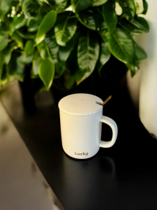 CANA CU CAPAC CERAMIC ALB SI LINGURITA AURIE „SMILE” / КРУЖКА С КЕРАМИЧЕСКОЙ БЕЛОЙ КРЫШКОЙ И ЗОЛОТИСТОЙ ЛОЖКОЙ „SMILE”