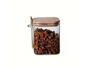 BORCAN DIN STICLA CU CAPAC SI LINGURITA, PATRAT, 10*10 CM, 500 ML / БАНКА СТЕКЛЯННАЯ С КРЫШКОЙ И ЛОЖЕЧКОЙ, КВАДРАТНАЯ, 10*10СМ, 500 МЛ (S174--27)